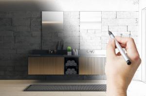 Half-rendered bathroom interior design concept showcasing remodeling plans