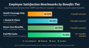 Bar chart showing estimated employee satisfaction by benefits tier: Health Coverage Only at 40 to 55 percent with 1 benefit, plus Dental and Vision at 50 to 65 percent with 3 benefits, Seven Core Benefits at 60 to 75 percent with 7 benefits, and Full PEO