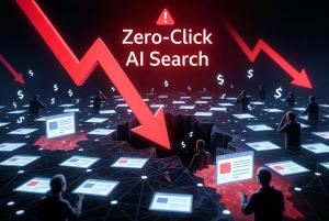 AI Search Crisis: 61% Traffic Drop Threatens Creators & Web Monetization – MyTSV.com Analysis 7 Dramatic illustration of the generative AI search crisis showing massive red downward arrows labeled "Zero-Click AI Search" cracking the digital web, causing website traffic and ad revenue to collapse into a void while content creators watch helplessly —