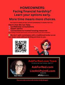 AskForRedc.com ad for helping home owners with cartoon pointing at info on red and black background