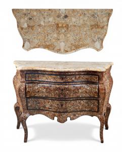 Rare, mid-18th century Sicilian Rococo parcel ebonized mother of pearl, shell and composition inlaid brown lacquer bombe commode (Sicily, King of Naples). Estimate: $40,000-$60,000