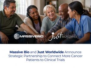 Massive Bio and Just Worldwide strategic partnership announcement — diverse group of cancer patients and a healthcare professional joining hands, with both company logos displayed.