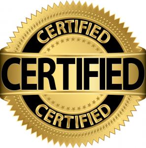photo of a large gold round seal with black letters that say Certified