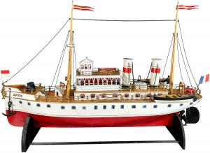 Marklin (German) clockwork-driven Jupiter luxury liner ship, a great example of fine workmanship and a pride of the Maloy boat collection. This style of ship is quite rare. Estimate: $12,000-$20,000