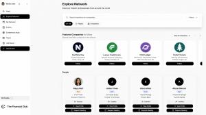 Screenshot preview of The Financial Club social network showing user discovery, company profiles, networking tools, meeting requests and event discovery for financial professionals.