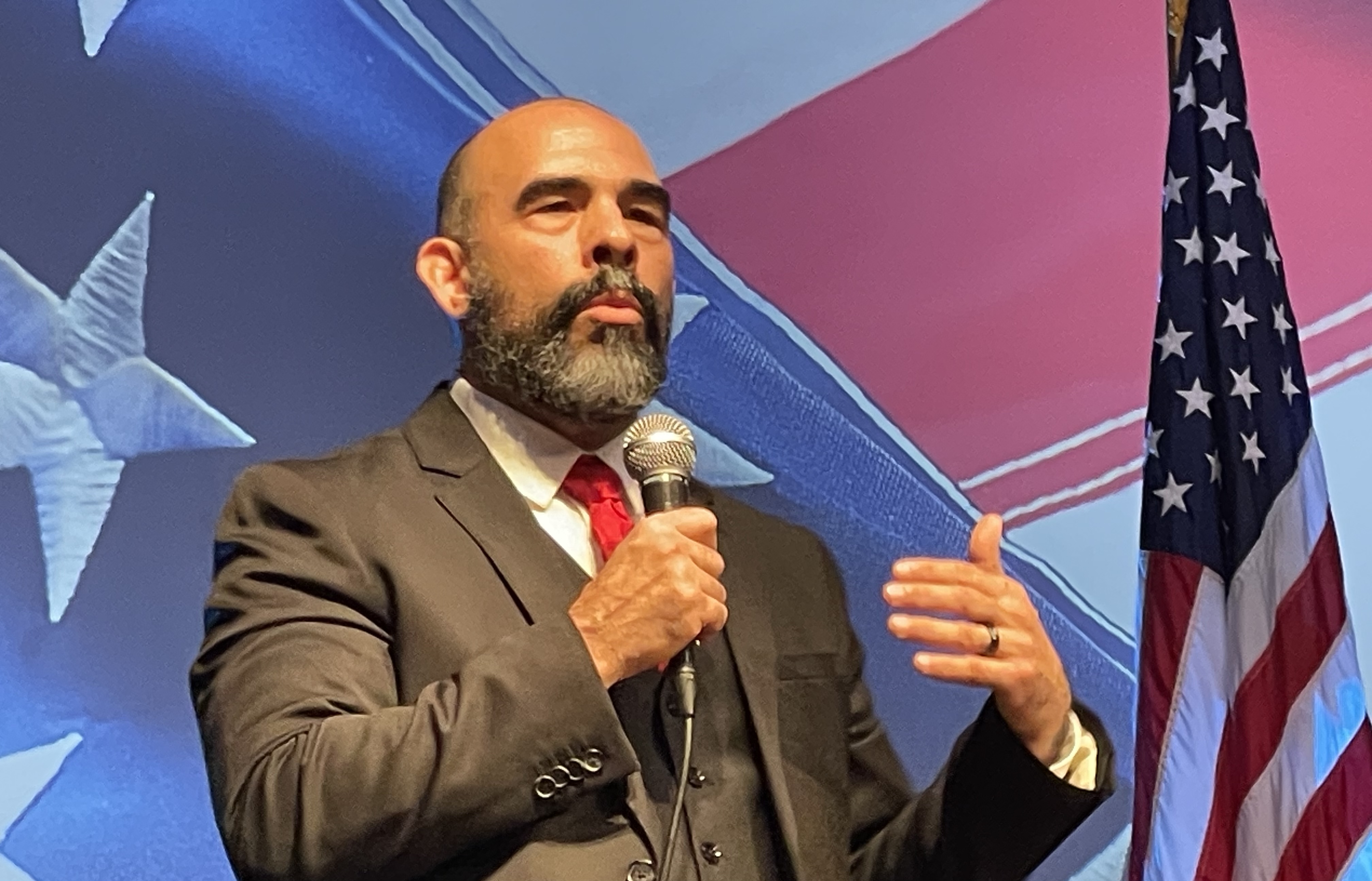 Daniel Mercuri speaking at a campaign event for his 2026 California governor campaign.