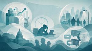  Illustration showing rising costs, burnout, safety concerns, and declining trust affecting emotional well-being across the U.S.