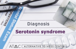 Medical document labeled serotonin syndrome with pills and glasses representing serious risks of excessive serotonin from medications