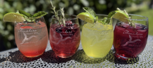 Four colorful handcrafted mocktails served at Alcantara Vineyard in Camp Verde, Arizona, garnished with fresh fruit and herbs on an outdoor patio overlooking the vineyard.