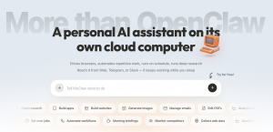 Screenshot of the MoClaw website homepage. A large headline reads, “A personal AI assistant on its own cloud computer,” with supporting text describing browser automation, deep research, and scheduled tasks.