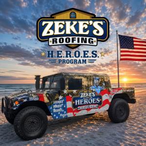 Zeke’s Roofing H.E.R.O.E.S. Program promotional vehicle parked on a Florida beach at sunset featuring patriotic American flag graphics, military-style camouflage wrap, and branding honoring healthcare workers, educators, first responders, veterans, and co