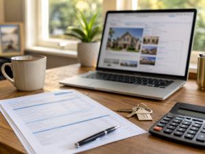 Homeowner’s desk with a payoff statement, calculator, house keys, and laptop showing a blurred real estate listing page.
