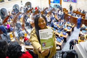 Leandra Becerra, Legal and Advocacy Advisor for Equality Now, on a balcony at Colombia's House of Representatives.