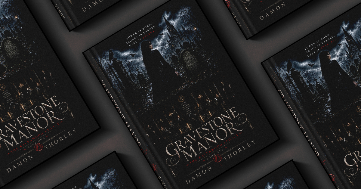 For fifty years, the Ravenwood family has buried the town of Ravenholt's dead with dignity and discretion, while running everything the town does not see from rooms carved beneath the cemetery Mockup of Damon Thorley’s gothic crime novel Gravestone Manor, showing multiple copies of the book arranged on a dark surface. The cover features a woman standing in a moonlit cemetery beneath a stormy sky, with ravens flying overhead and a gothic manor s