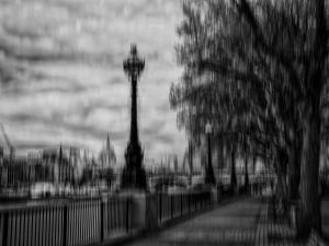 South Bank Walk – Black and white abstract ICM photograph by Antonina Minova of London riverside lamppost, trees, motion blur, shadow, and light