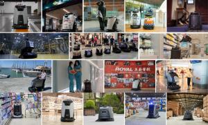 Collage of Gausium AI commercial cleaning robots deployed globally in retail, warehouse, medical, education, transit and industrial commercial scenarios