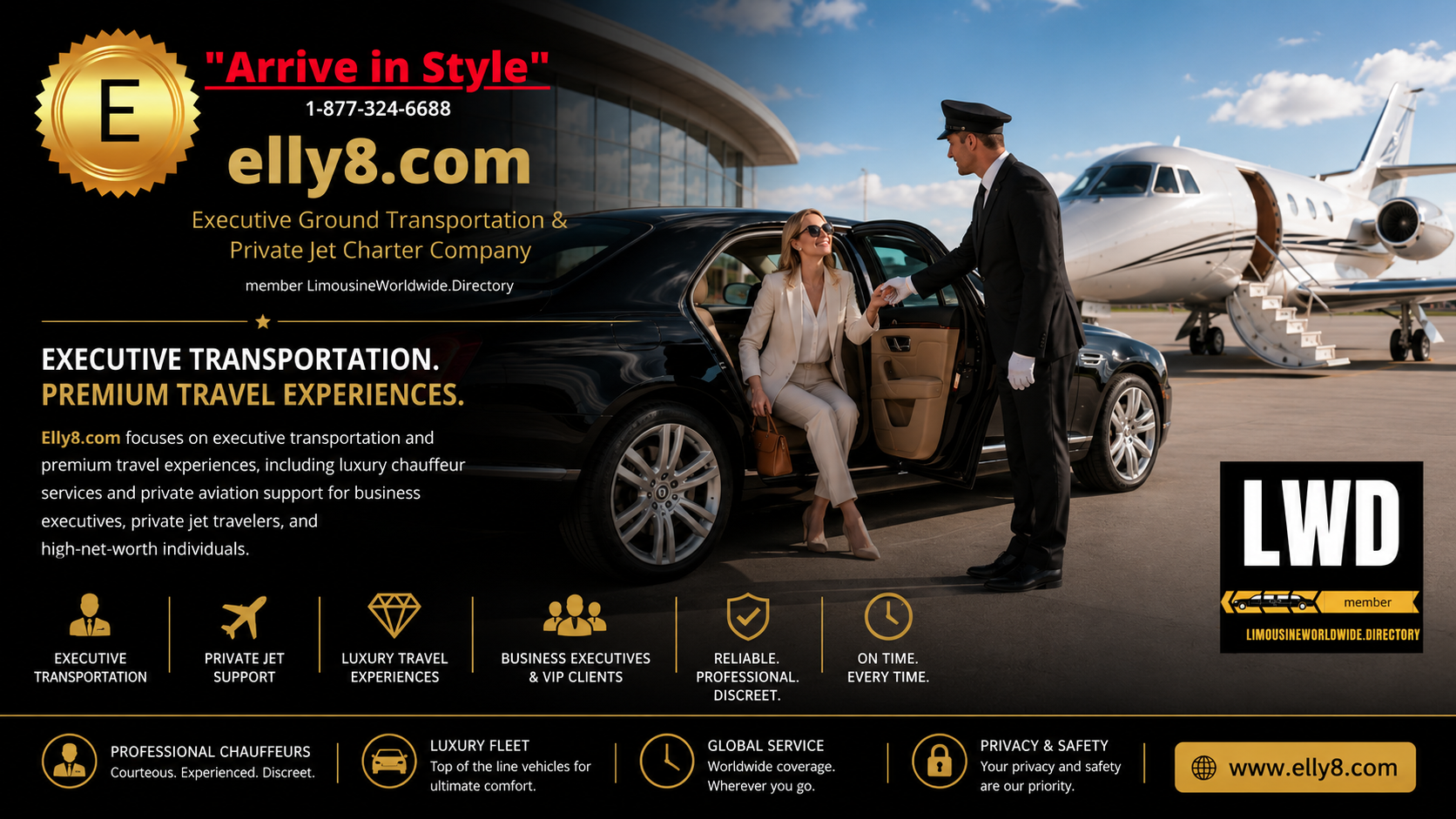 Elly8.com focuses on executive transportation and premium travel experiences, including luxury chauffeur services and private aviation support for business executives, private jet travelers, and high-net-worth individuals.