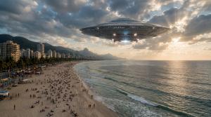 A large alien spacecraft hovering above a crowded beach at sunset in a scene from DNERO’s AI-generated short film FIRST CONTACT.