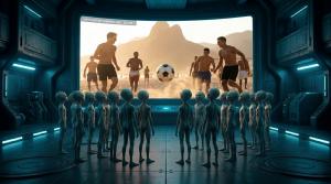 A group of extraterrestrials aboard a spacecraft watches humans playing soccer on a beach before making first contact in DNERO’s AI-generated short film, FIRST CONTACT.