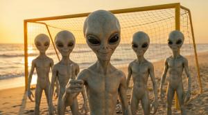 A group of aliens poses in front of a beach soccer goal, symbolizing the first interstellar soccer match in FIRST CONTACT, DNERO’s cinematic AI short film.