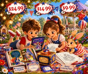 Children enjoying Patriotic Patsy's Ultimate Celebration Bundle, featuring the commemorative book, interactive flipbook, original Fairyland music, printable coloring pages, certificate, and digital activities celebrating America's 250th Birthday with Fair