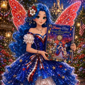 Patriotic Patsy holding the commemorative collector's edition of Patriotic Patsy and Fairyland's Grand American Celebration, celebrating America's 250th Birthday with Fairyland magic, patriotic colors, and beautifully illustrated artwork.