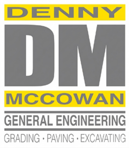 The official logo for Denny McCowan General Engineering Inc., a professional firm specializing in grading, paving, and excavating services in the Central Valley.
