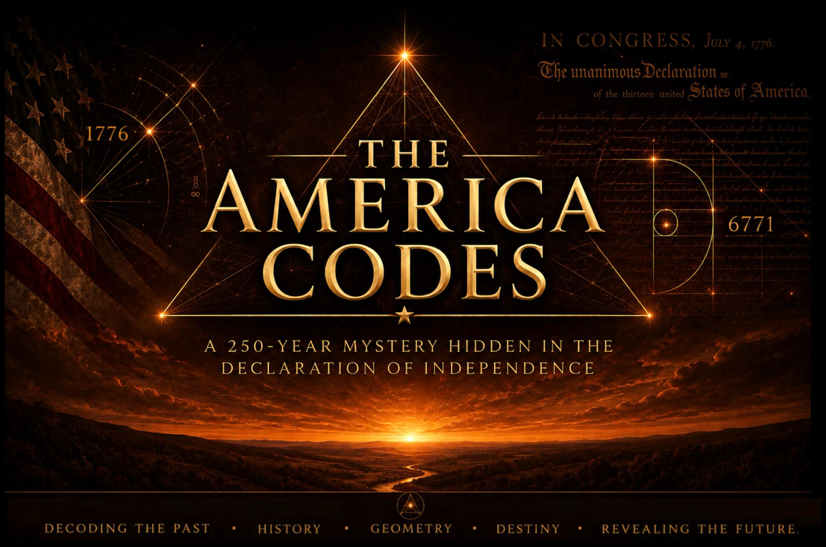 A dark cinematic banner for The America Codes. Large gold text in the center reads “The America Codes,” framed by a glowing triangle and star-like points. On the left is a faded American flag with the number 1776. On the right is the Declaration of Indepe