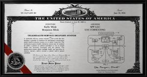 Commemorative plaque for U.S. Patent No. 12,671,001 recognizing the Telehealth Service Delivery System invented by Kelly Mink and Benjamin Mink.