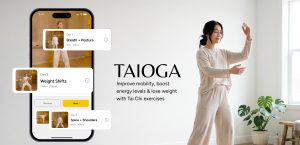 Woman practicing low-impact Tai Chi exercise for weight loss and balance with Taioga