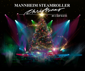 Mannheim Steamroller Christmas logo above a holiday tree and an orchestra