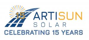 Artisun Solar logo celebrating 15 years. It shows the original Artisun Solar logo with