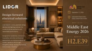 Lider Electric promotional image for Middle East Energy 2026 featuring design-forward wiring devices and lighting controls for residential, commercial, hospitality, and professional applications. Visit Booth H2.E39 at Dubai World Trade Centre, Dubai, Unit