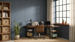 Intérieur de bureau à domicile moderne avec un bureau d'angle en bois, une chaise pivotante en cuir marron, une haute étagère avec des paniers tressés et une plante en pot contre des murs bleu-gris.