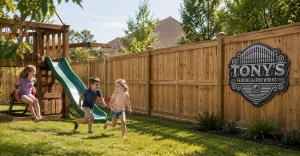 Children playing in a fenced Louisiana backyard near a playset and wood privacy fence