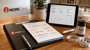 MOPE Clinic office in Metairie with testosterone and metabolic health lab results displayed