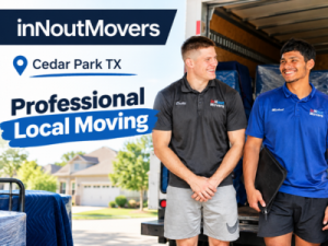 inNoutMovers moving team members standing beside a moving truck in Cedar Park, Texas.