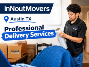 An inNoutMovers employee holding a roll of stretch wrap next to cardboard boxes and a blue moving blanket at an Austin, Texas residence, with text reading