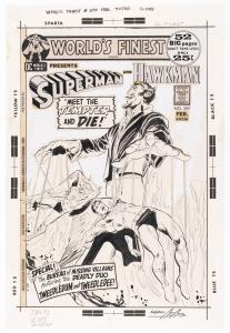 Pen-and-ink original art by Neal Adams for the cover to World's Finest #209 (DC Comics, Feb 1972). The art spotlights Mike Friedrich's