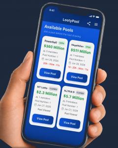 Smartphone displaying the Looty Pool app, with available pools screen with Powerball, Mega Millions, New York Lotto and New Jersey Pick 6 lottery pools.