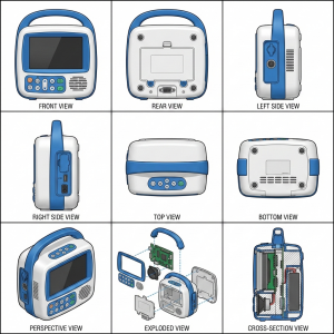 Nine views of a fictional portable monitor from the PatentFig AI demonstration project.