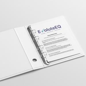 A binder open to a printed page showing the EvoluteEQ logo and tagline 