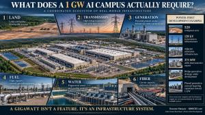 AI data center site selection graphic showing the shift from traditional land, fiber and utility power criteria to deliverable power, generation, fuel, water and infrastructure.