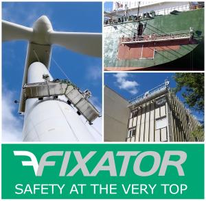 Fixator logo with images of work-at-height lifting solutions on windmill, ship and building