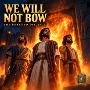 Illustrated cover for We Will Not Bow by The Bearded Disciple, showing three men standing before a fiery furnace.