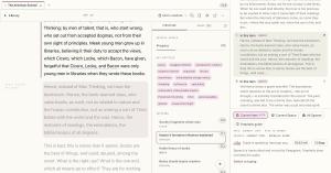 The essay scrolled to a highlighted passage beginning “Hence, instead of Man Thinking, we have the bookworm,” with the matching source, number 2, selected in the Ask panel.