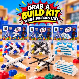 Pictures of toy interlocking brick assembly kits that will be given to attendees at Click Bond's MFG Day