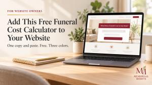 A laptop shows the free Memorial Merits Funeral Cost Calculator added to a website with one copy and paste