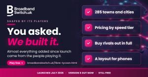 Four features players asked for in Fibre Tycoon: 285 towns and cities, pricing by speed tier, full rival buyouts and a layout for phones