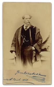 Charles Dickens signed cabinet card portrait photograph, autographed on April 20, 1868, the very last day of Dickens’s 1867-1868 American Reading Tour. Estimate: $15,000-$18,000